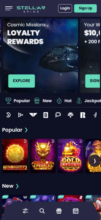 Stellar Spins Casino mobile browser home with game search and shortcuts