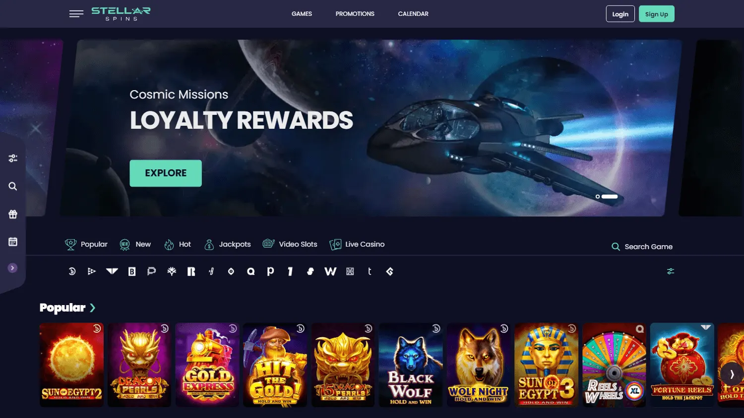 Stellar Spins Casino desktop home with casino games and navigation